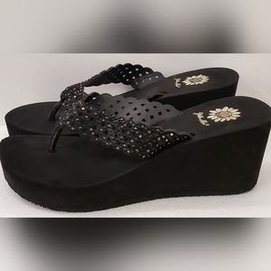 Yellow Box Black Beaded Wedge Sandals